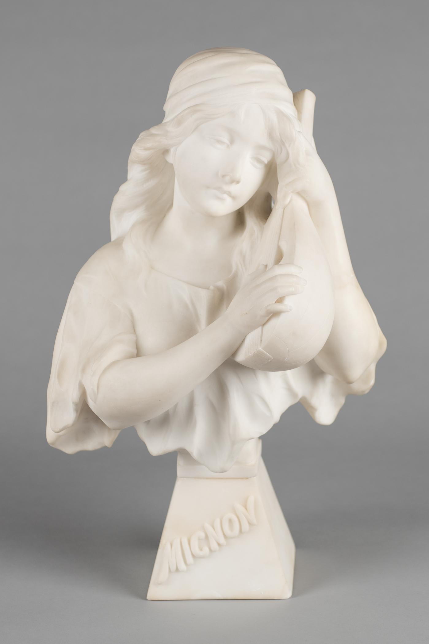 Large French Carved Alabaster Sculpture of Female Playing A Lyre. Titled Mignon, Signed R.Lusili (1 of 11)