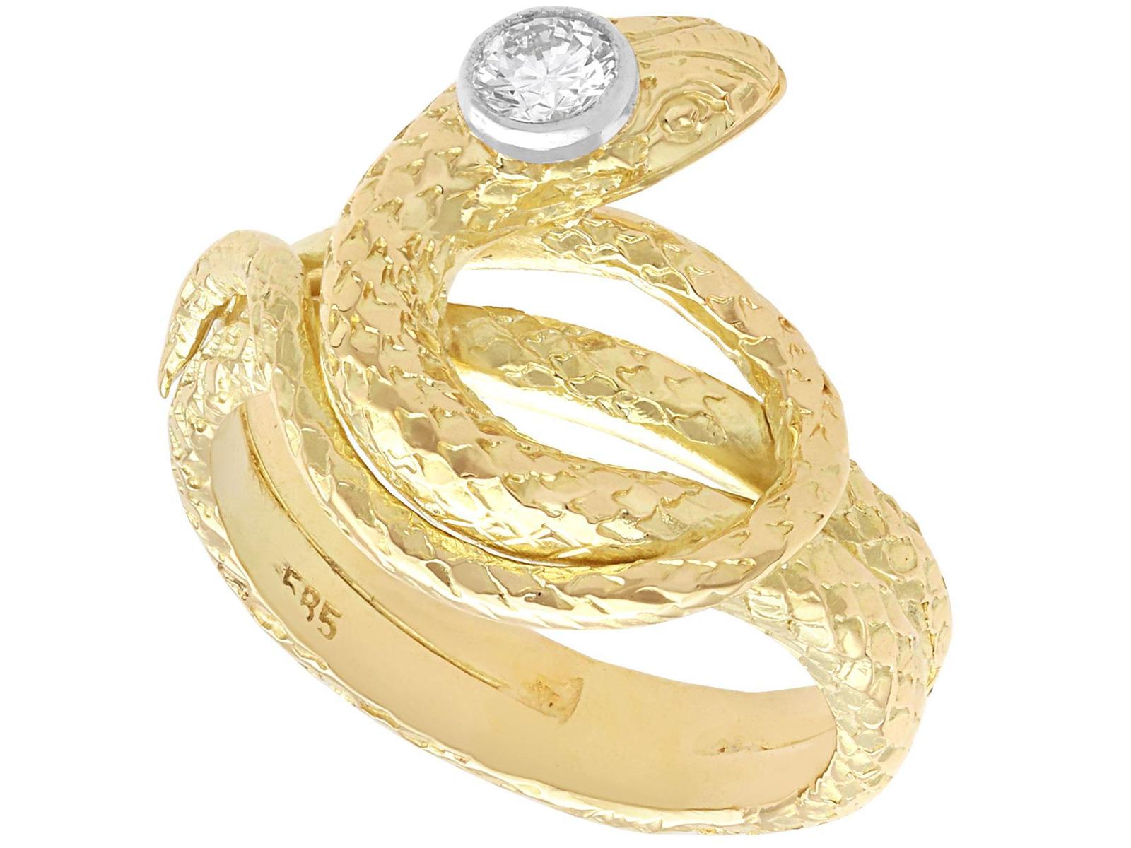 Vintage 0.13ct Diamond & 14ct Yellow Gold Snake Ring c.1950 (1 of 11)