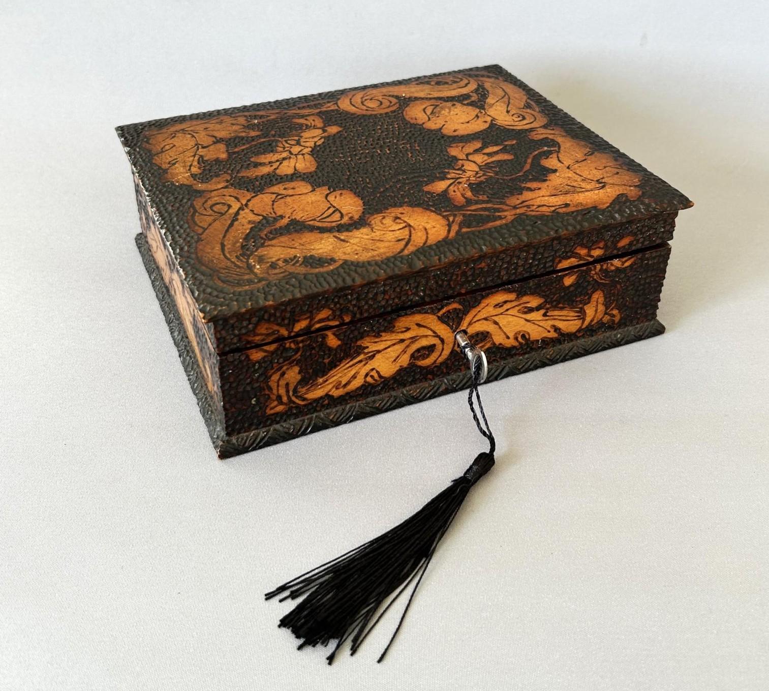 Handsome Art Nouveau Poker Work Lockable Jewellery Box (1 of 7)