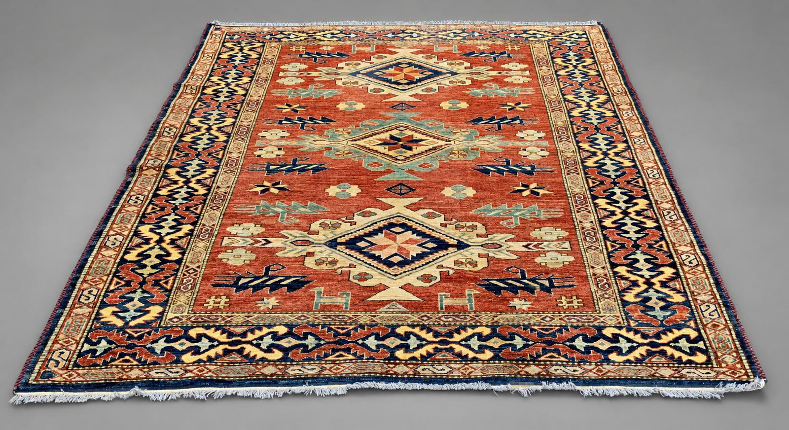 Beautiful Hand-knotted Afghan Kazak Wool Rug – Caucasian Geometric Design (1 of 13) Beautiful Hand-knotted Afghan Kazak Wool Rug – Caucasian Geometric Design (1 of 13)
