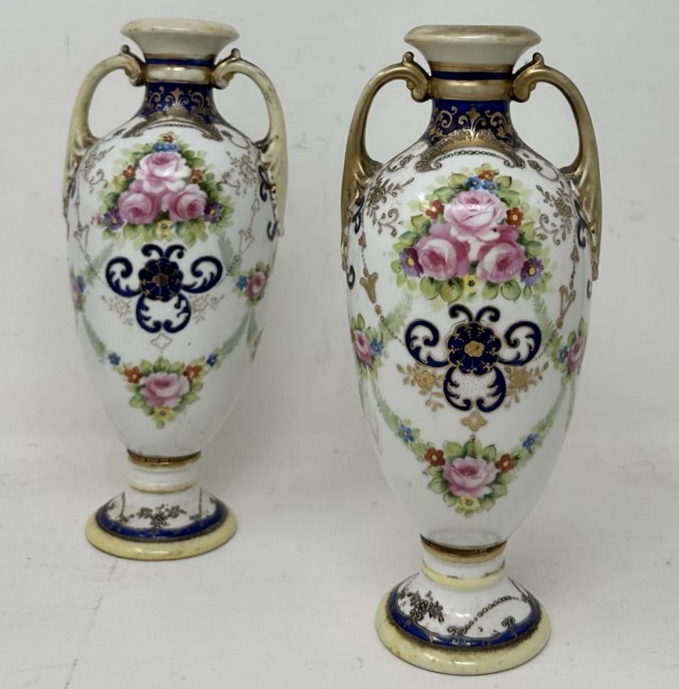 Antique Pair of Japanese Noritake Hand Painted Vases Urns Centrepieces Pink Roses (1 of 9)