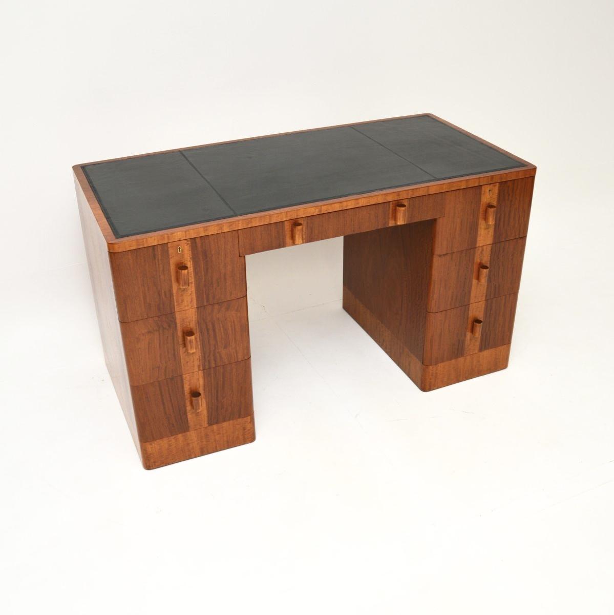 Art Deco Walnut & Satinwood Leather Top Desk (1 of 11)