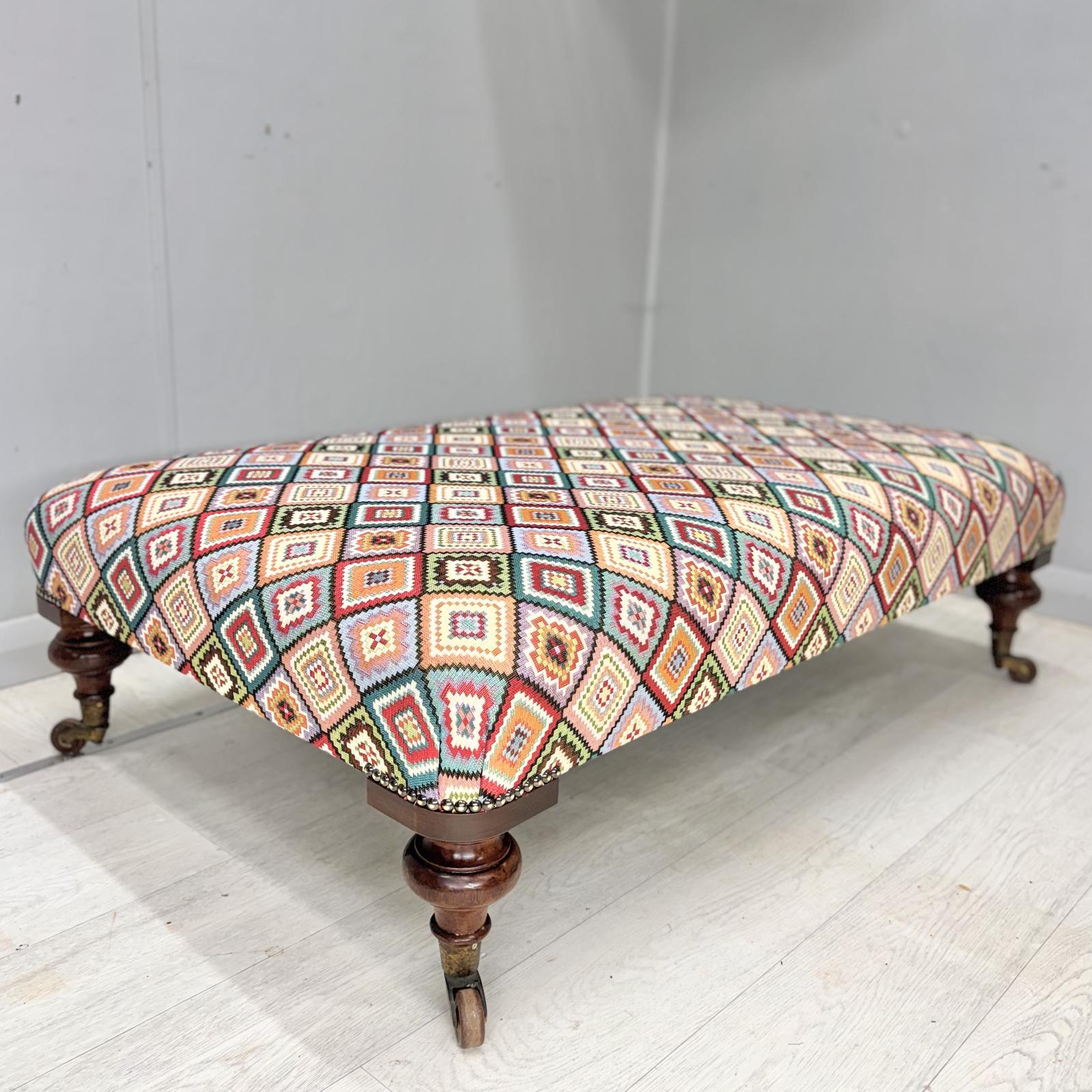 Large Antique Ottoman Stool on Castors with Geometric Fabric (1 of 7) Large Antique Ottoman Stool on Castors with Geometric Fabric (1 of 7)