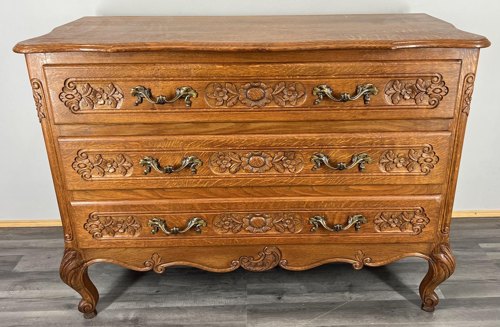 Chest of Drawers Vintage French Style Oak Carved Cabinet (1 of 13)