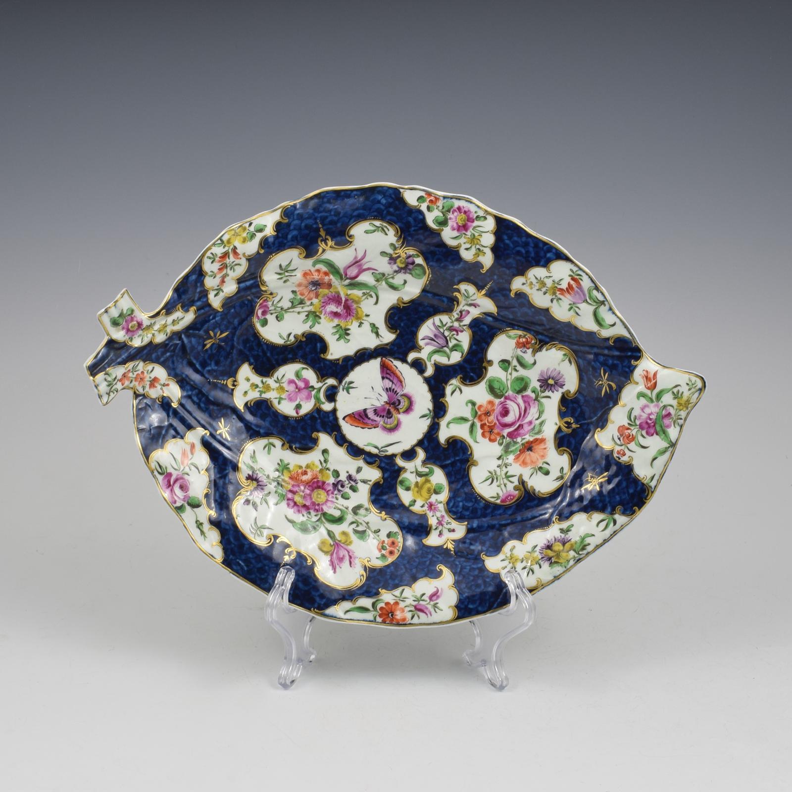 Rare Large Dr Wall First Period Worcester Porcelain Butterfly & Scale Blue Leaf Dish c.1770 (1 of 6) Rare Large Dr Wall First Period Worcester Porcelain Butterfly & Scale Blue Leaf Dish c.1770 (1 of 6)