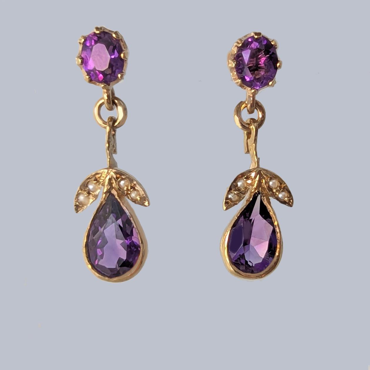 1960s 9ct Gold Amethyst & Seed Pearl Drop Earrings Vintage Victorian Style Sheffield 1967 (1 of 6) 1960s 9ct Gold Amethyst & Seed Pearl Drop Earrings Vintage Victorian Style Sheffield 1967 (1 of 6)