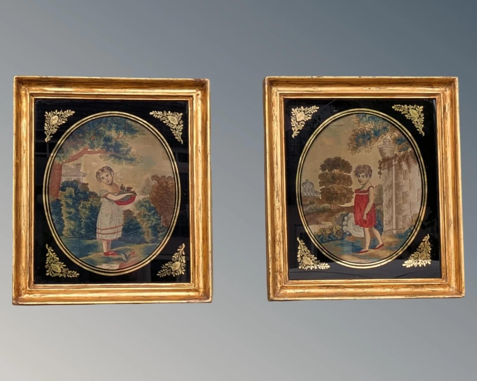 Charming Pair of Early 19th Century Silkwork Pictures Embroidery (1 of 6)