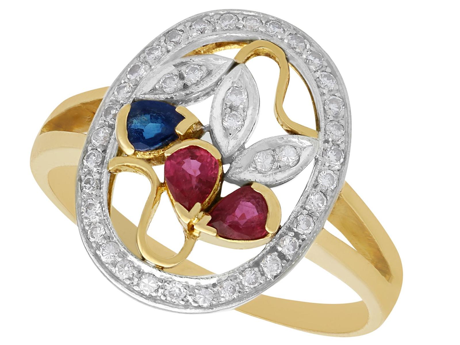 Vintage 0.42ct Ruby & 0.21ct Sapphire 0.30ct Diamond & 18ct Yellow Gold Dress Ring c.1940 (1 of 9)