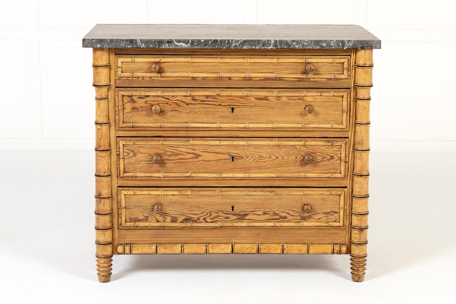 19th Century French Pine Faux Bamboo Chest of Drawers (1 of 8) 19th Century French Pine Faux Bamboo Chest of Drawers (1 of 8)