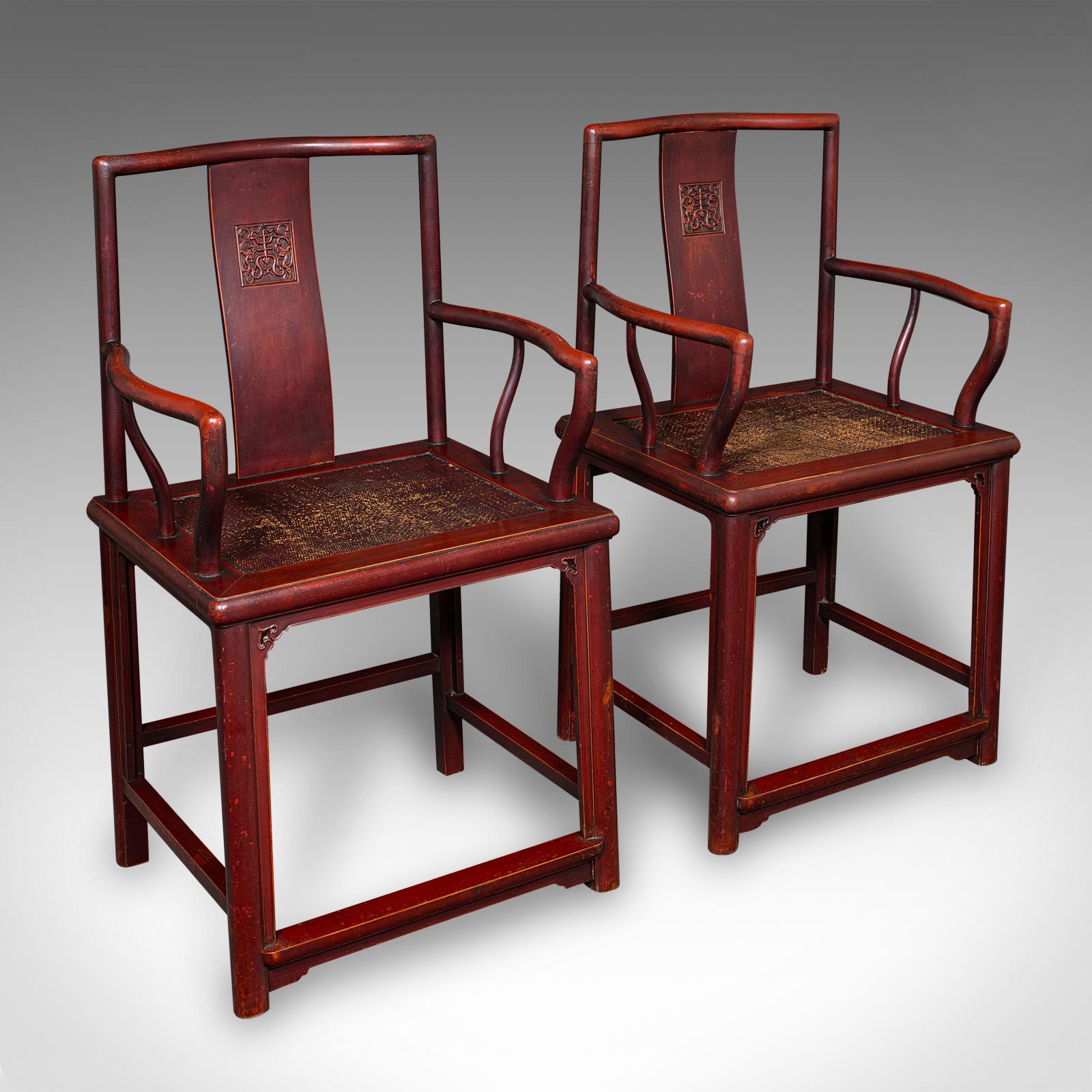 Pair of Antique Side Chairs, Oriental, Lacquered, Elbow Seats, Cane - Victorian (1 of 12)