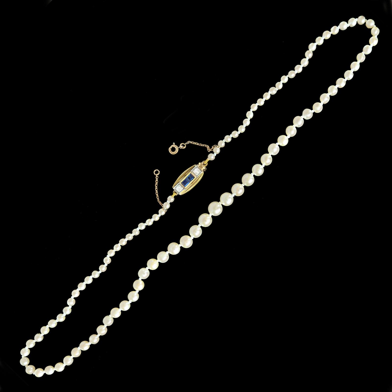 Vintage Cultured Pearl Necklace with 18ct Gold Diamond and Sapphire Clasp c.1950s (1 of 9) Vintage Cultured Pearl Necklace with 18ct Gold Diamond and Sapphire Clasp c.1950s (1 of 9)