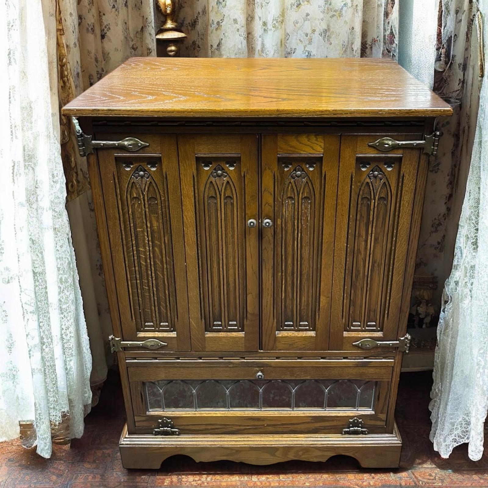 Vintage Old Charm Wood Brothers / Oak Tallboy Linen Fold Cabinet Cupboard c.1970 (1 of 12)