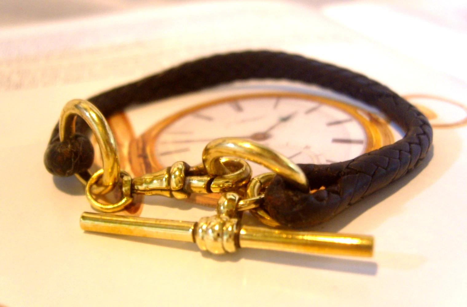 Pocket Watch Chain Albert 1920s Brown Leather with Brass T Bar & Swivel Dog Clip (1 of 9)