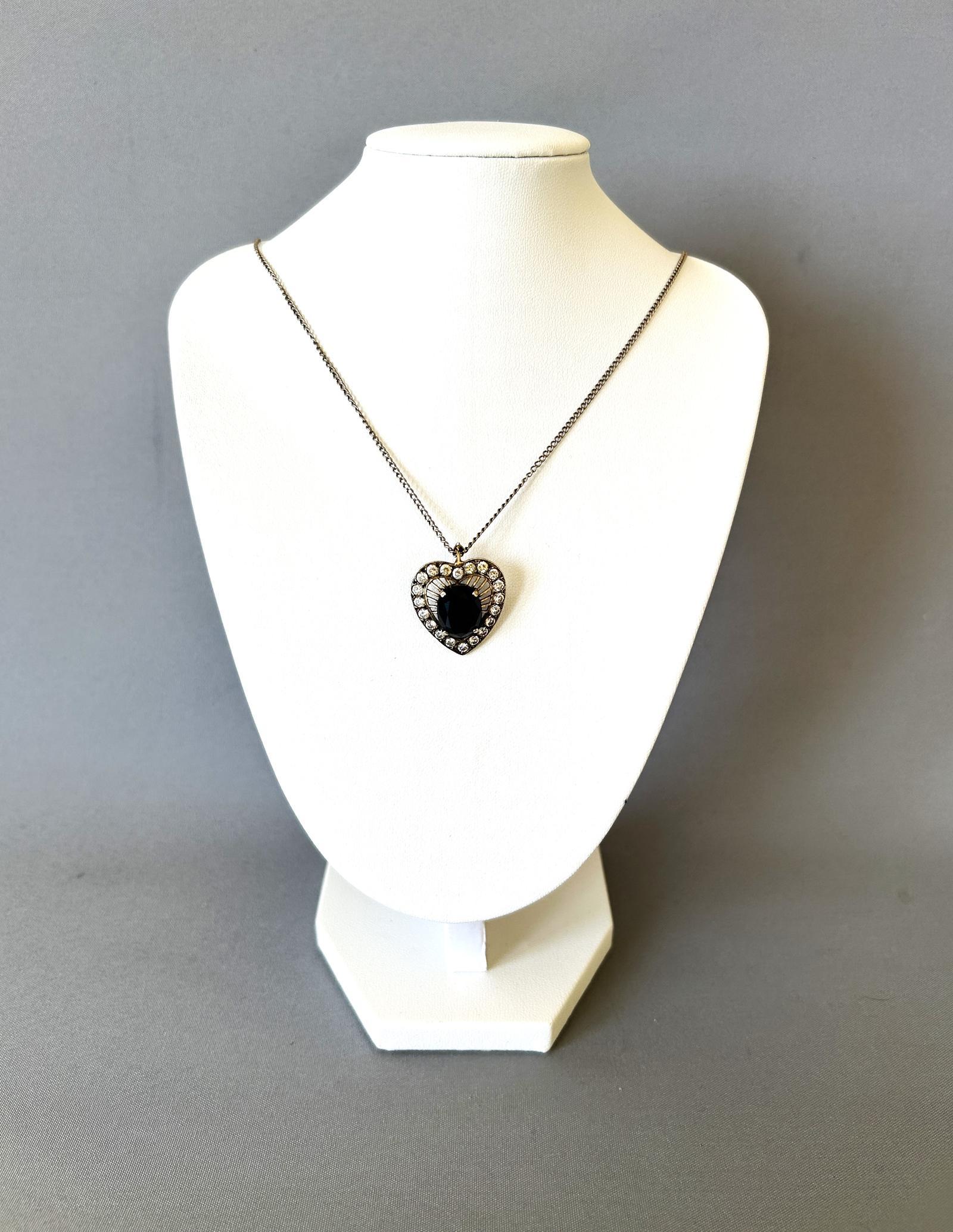 Art Deco Heart Shaped Silver & Sapphire Glass Pendant Necklace (1 of 8)