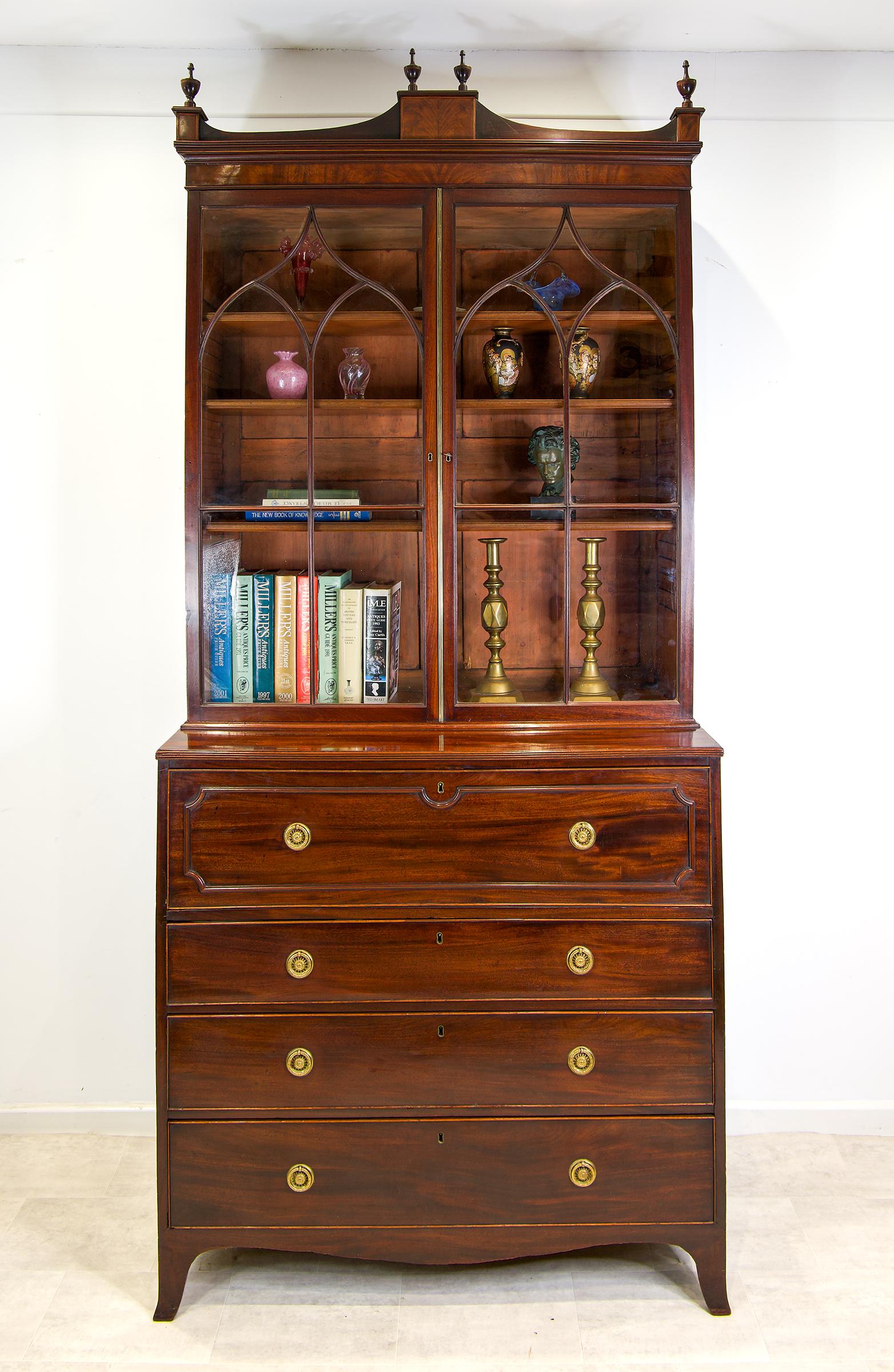 Fine Antique Georgian Mahogany Secretaire Bookcase – Gothic Glazed Doors & Satinwood Interior c.1830 (1 of 6)