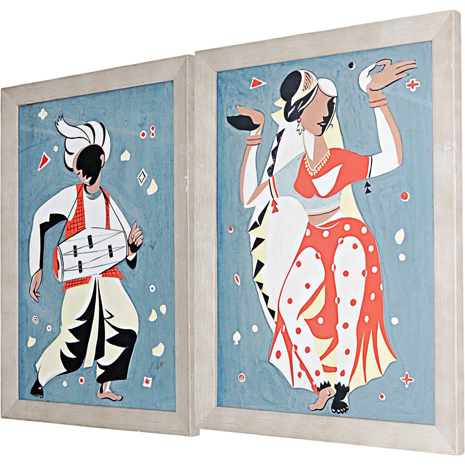 Pair of Watercolours and Gouache Paintings, Indian Dancers (1 of 6)