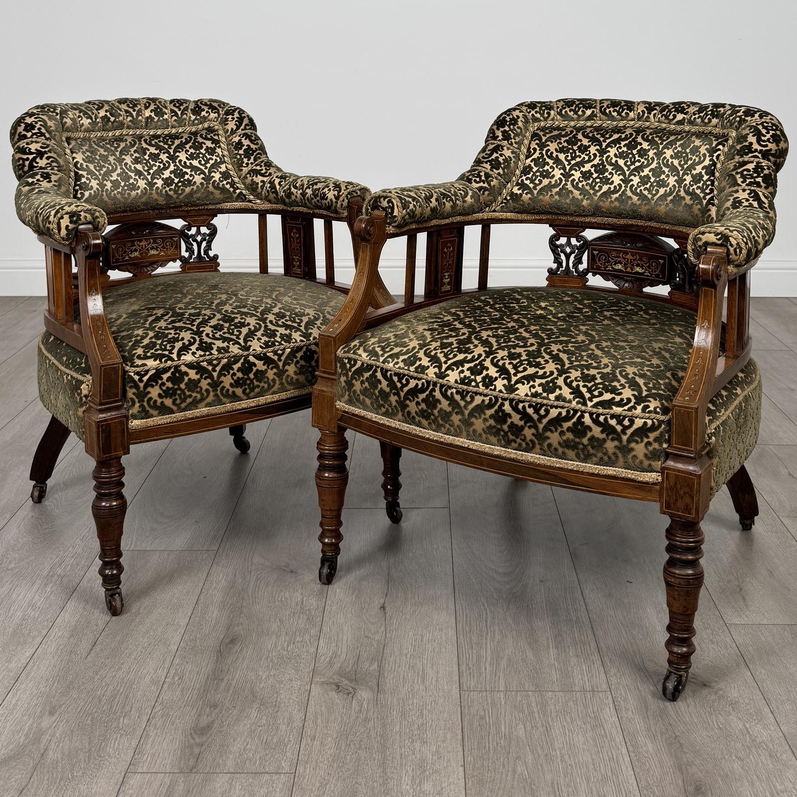 Antique 19th Century Pair Of Inlaid Rosewood Tub Chairs (1 of 15)