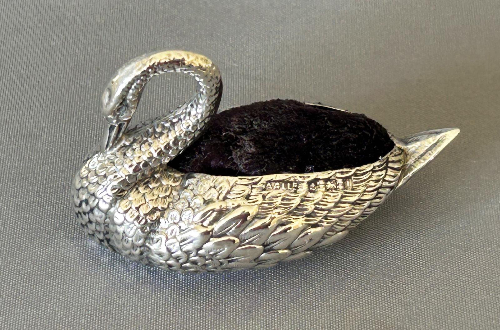 Rare Edwardian Silver Swan Pin Cushion (1 of 6)