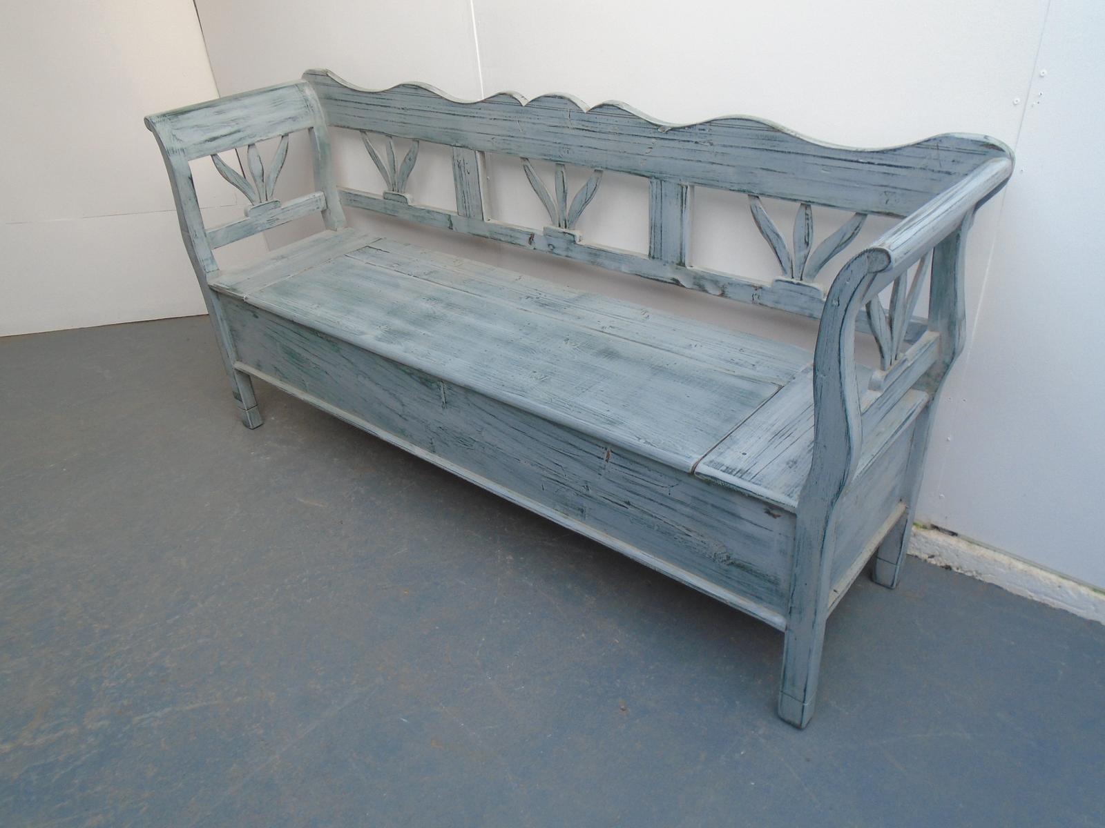 Grey & Green Tulip Antique Pine 3 Seater Box Settle / Bench (1 of 9)