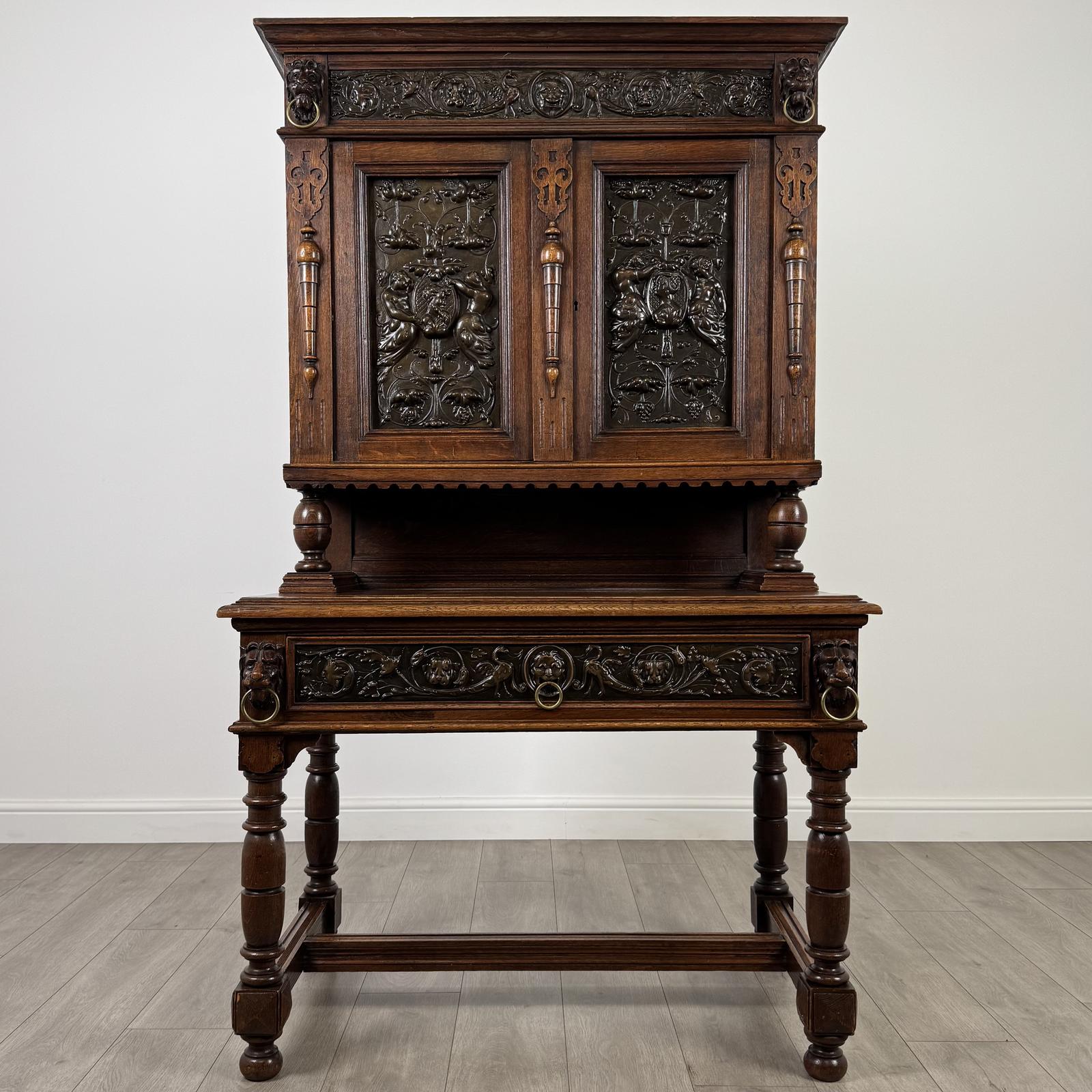 Antique 19th Century Jacobean Revival Cabinet in Copper & Oak (1 of 10)