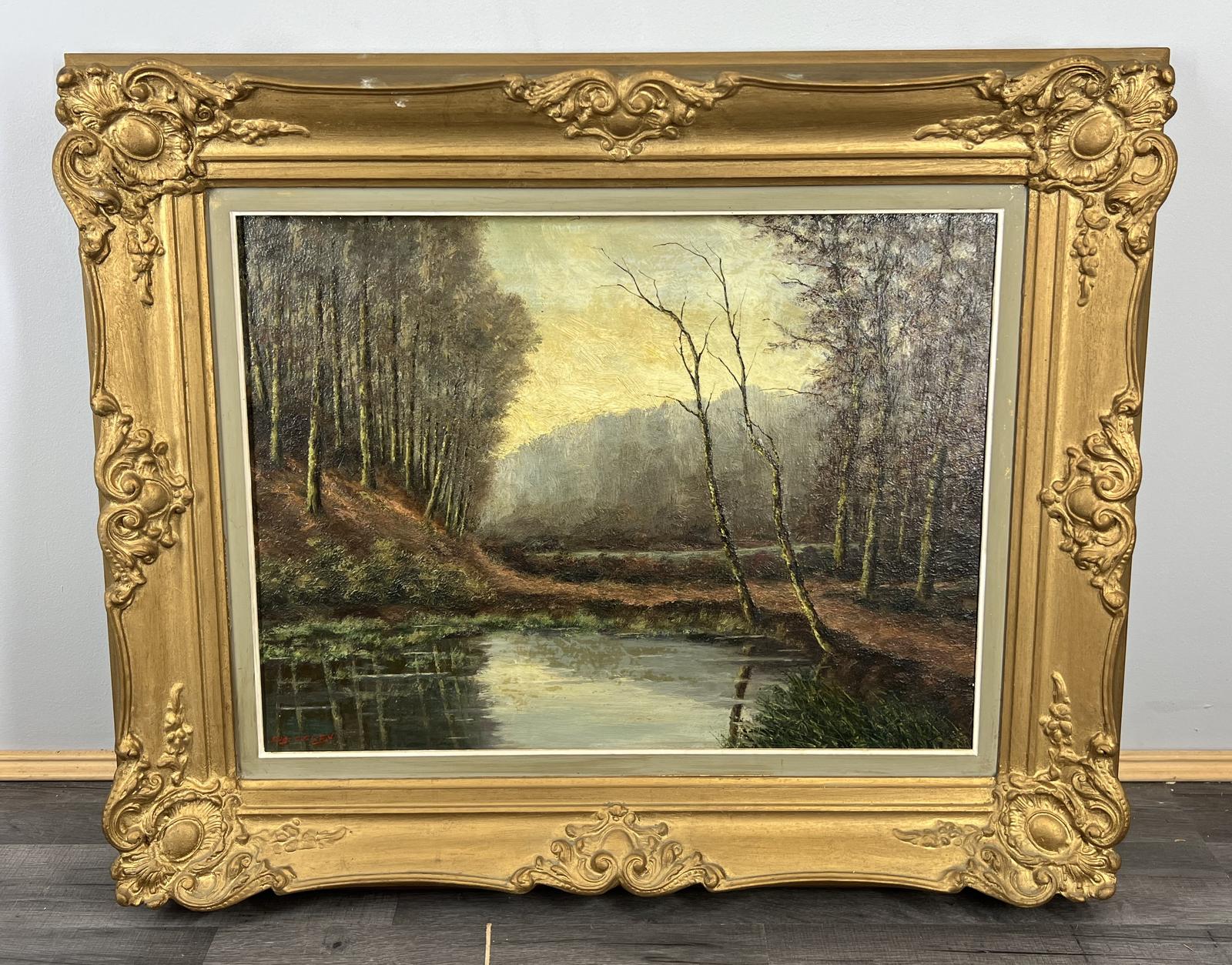 Vintage French Oil Painting Woodland Landscape Frame Signed Art (LOT 3875) (1 of 12)