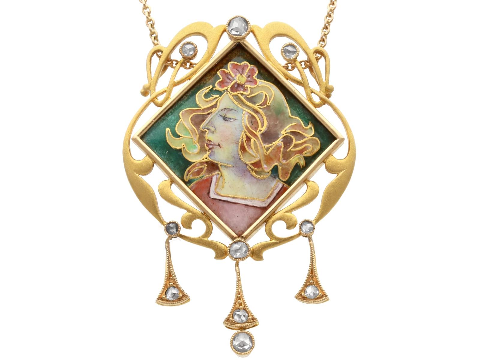 Antique Art Nouveau 0.35ct Diamond, Enamel & 18ct Yellow Gold Pendant c.1910 (1 of 10)