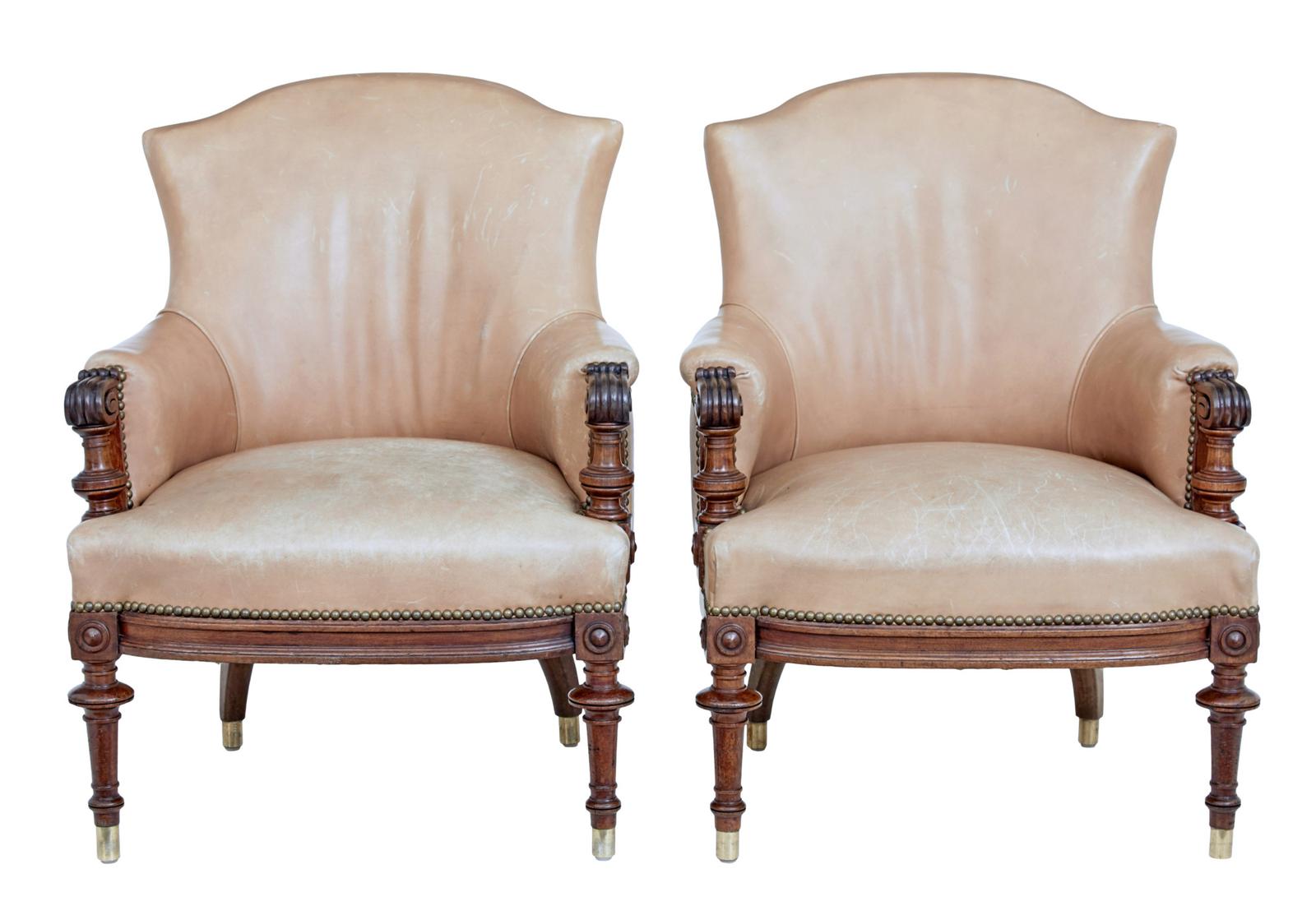Pair of Late 19th Century Carved Walnut & Leather Armchairs (1 of 8)