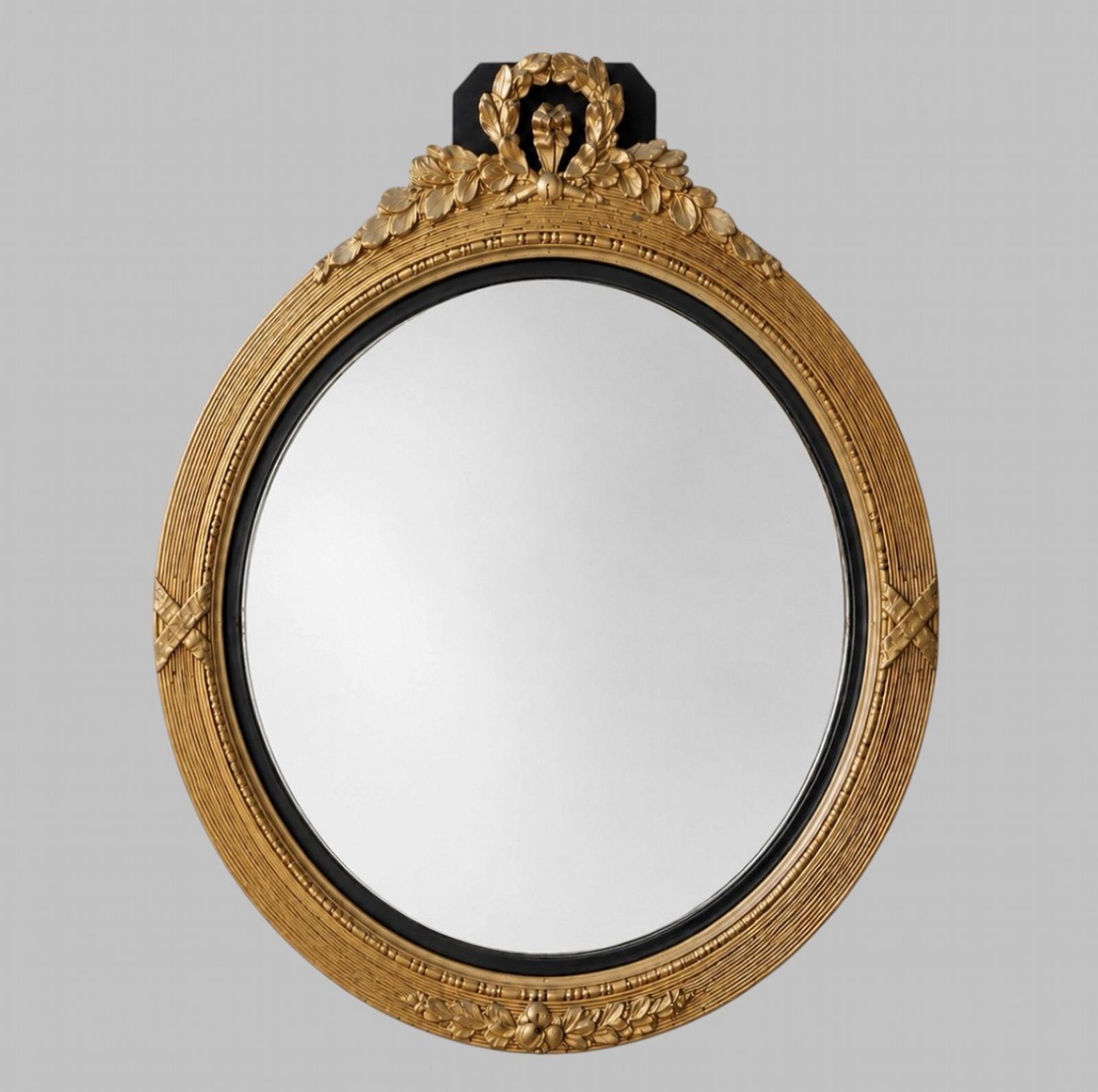 Mid Century Regency Style Gilt Convex Bullseye Mirror with Laurel Crest (1 of 6) Mid Century Regency Style Gilt Convex Bullseye Mirror with Laurel Crest (1 of 6)