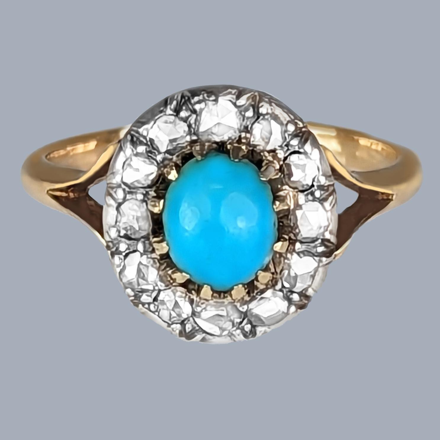 Victorian Turquoise and Rose Cut Diamond Cluster Ring – 15ct Gold, Circa 1880 (1 of 9)