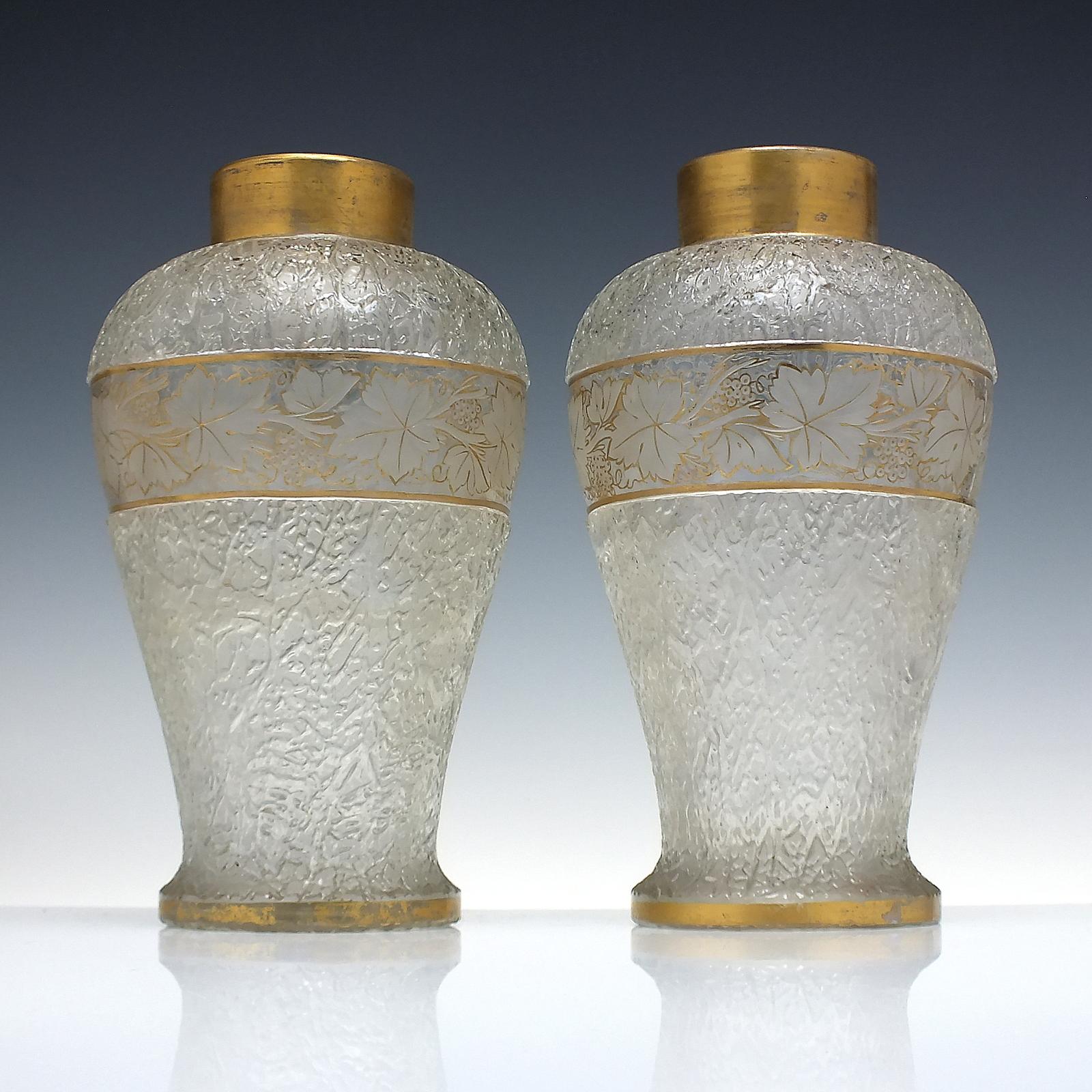 Pair Victorian Engraved & Gilded Overshot Glass Vases c.1880 (1 of 4)