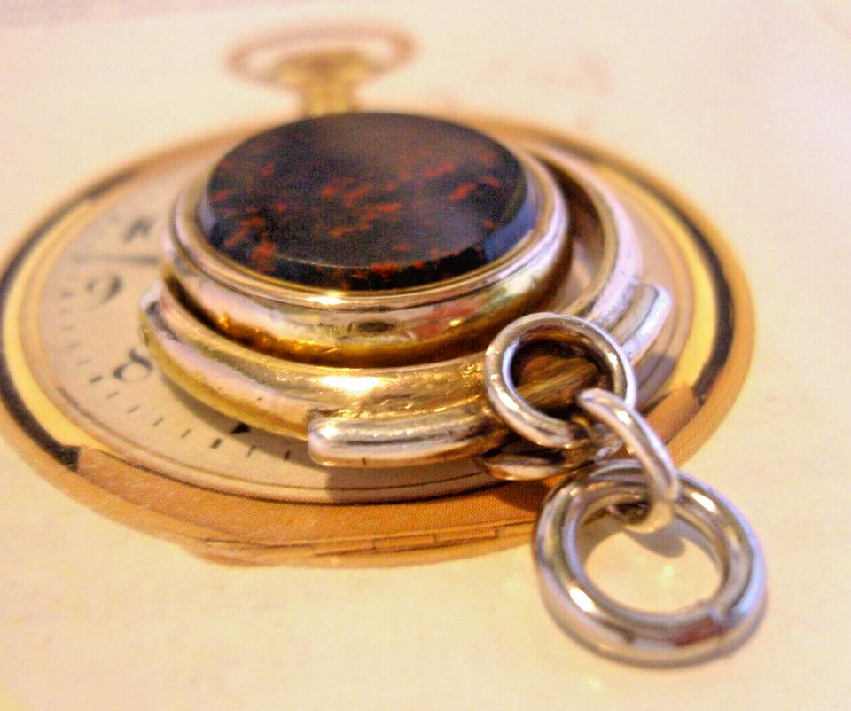 Pocket Watch Chain Spinner Fob 1890s Victorian Large Brass & Steel Bloodstone Fob (1 of 10)
