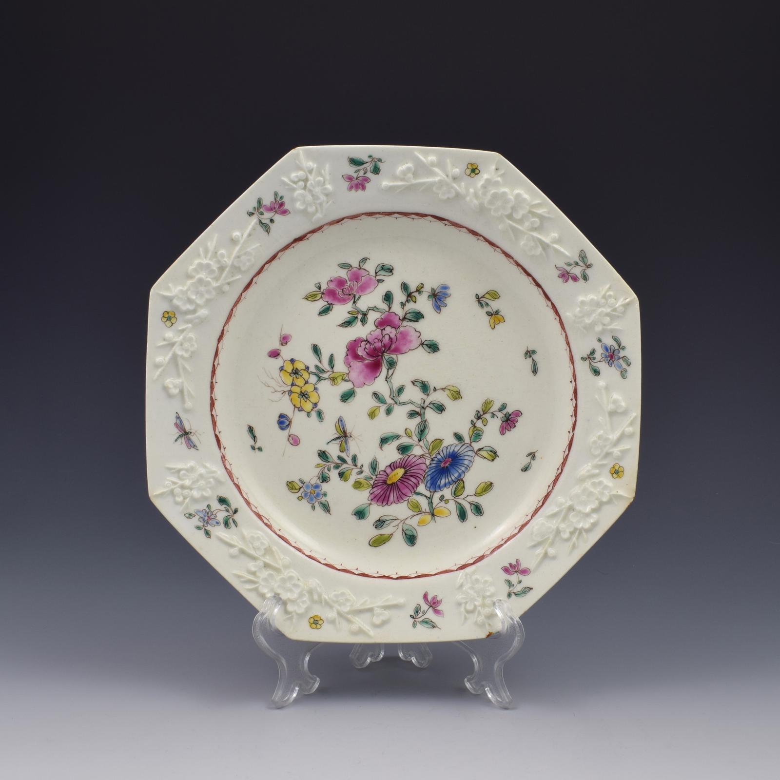 Bow Porcelain Octagonal Prunus Moulded Famille Rose Polychrome Plate c.1755 (1 of 9)