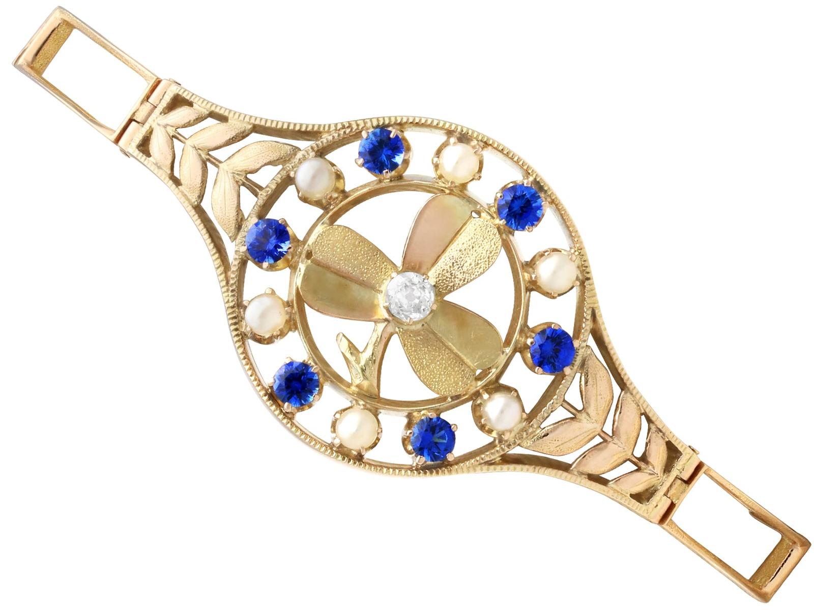 Antique 0.68ct Sapphire, 0.15ct Diamond, Seed Pearl & 18ct Yellow Gold Bracelet c.1900 (1 of 15)