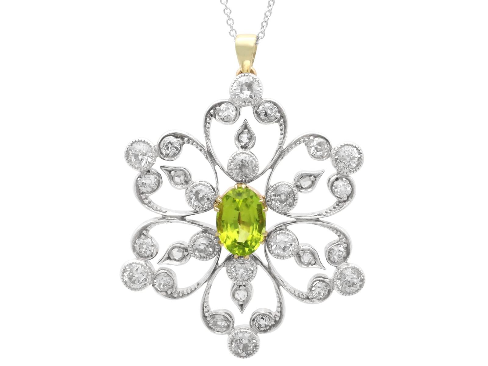 Antique 1.25ct Peridot & 1.95ct Diamond, 9k Yellow Gold Pendant Brooch c.1890 (1 of 15)