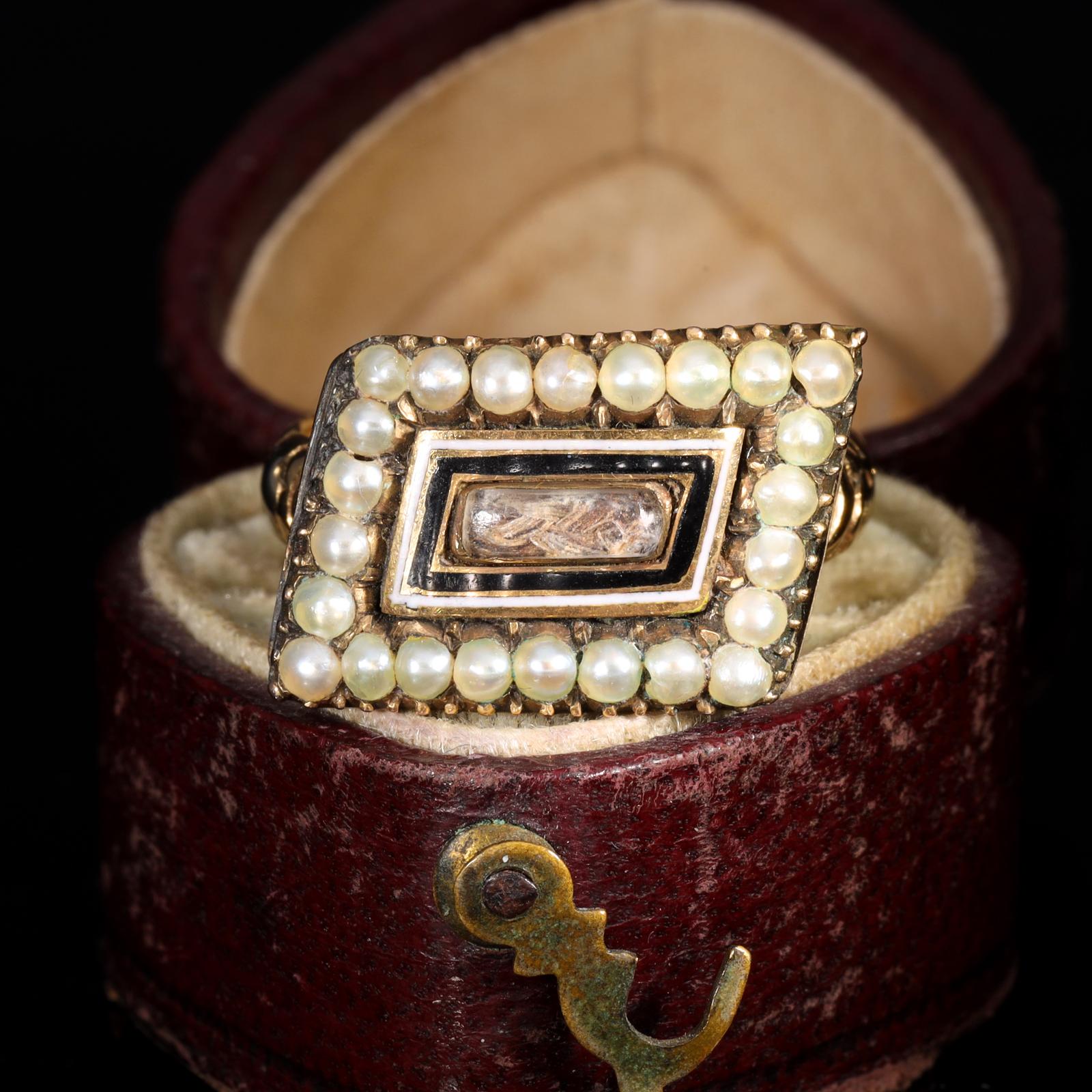 The Antique Georgian 1810 Hairwork, Enamel and Pearl Mourning Ring (1 of 8)