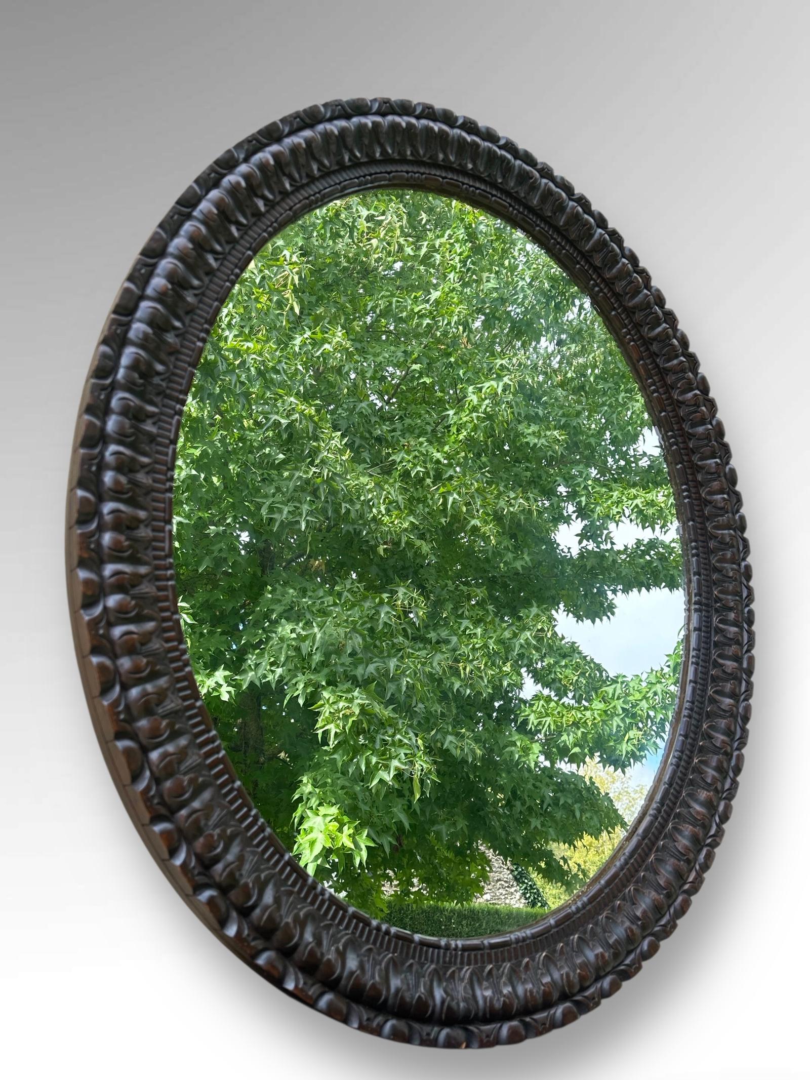 Antique French Large Carved Oval Wooden Mirror (1 of 13)