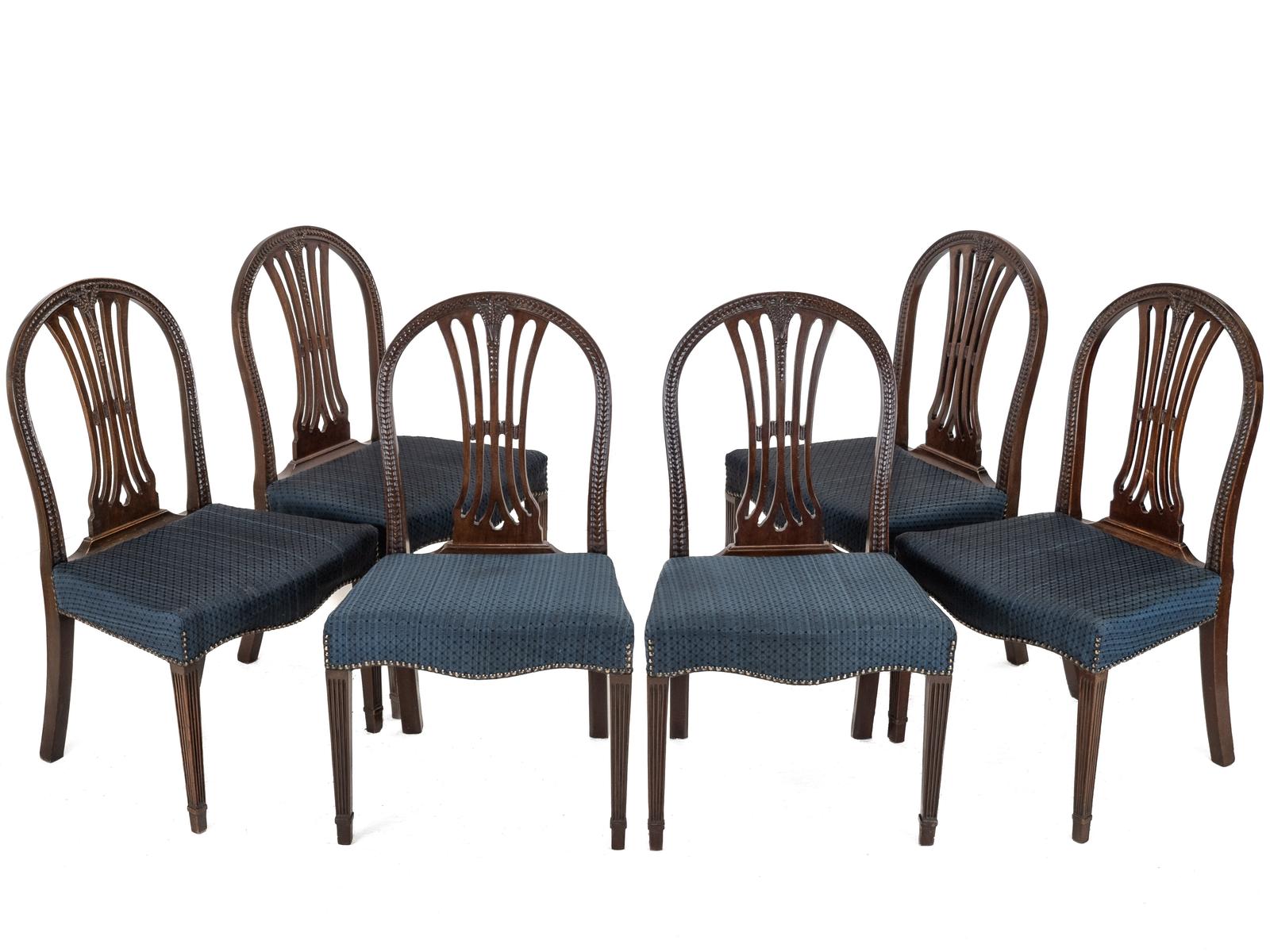 Set of 6 Mahogany Hepplewhite Dining Chairs c.1870 – Georgian / George III Style Side Chairs, Horsehair Fabric Upholstery (1 of 14) Set of 6 Mahogany Hepplewhite Dining Chairs c.1870 – Georgian / George III Style Side Chairs, Horsehair Fabric Upholstery (1 of 14)