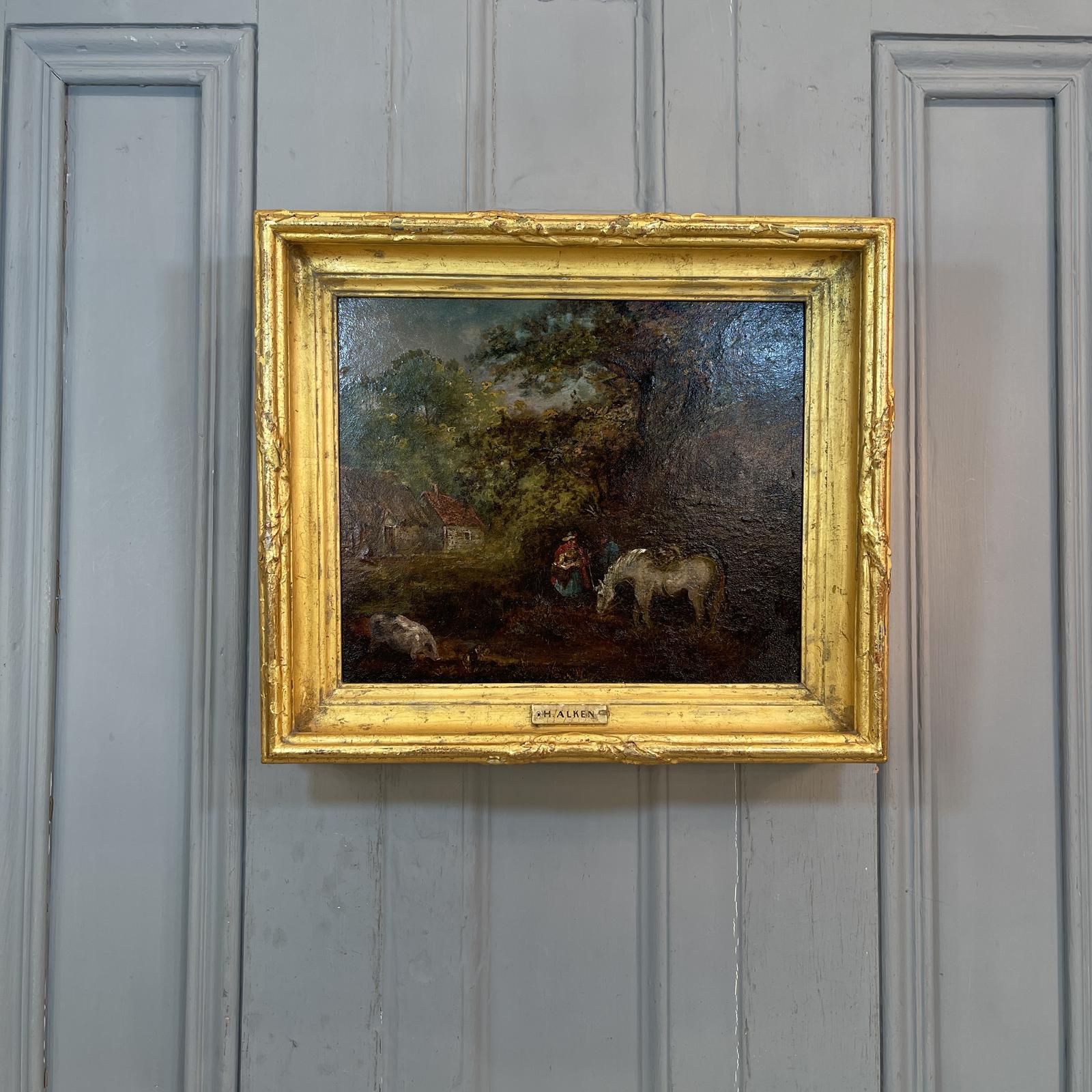 Antique Georgian Landscape Oil Painting Study of Figures, Horse and Pig Attributed to H Alken (1 of 2) (1 of 10)