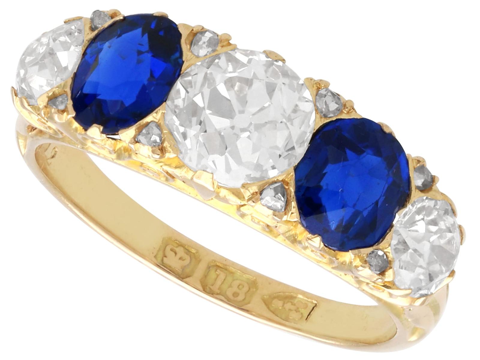Antique 1.20ct Basaltic Sapphire & 1.59ct Diamond, 18k Yellow Gold Five Stone Ring c.1900 (1 of 13)