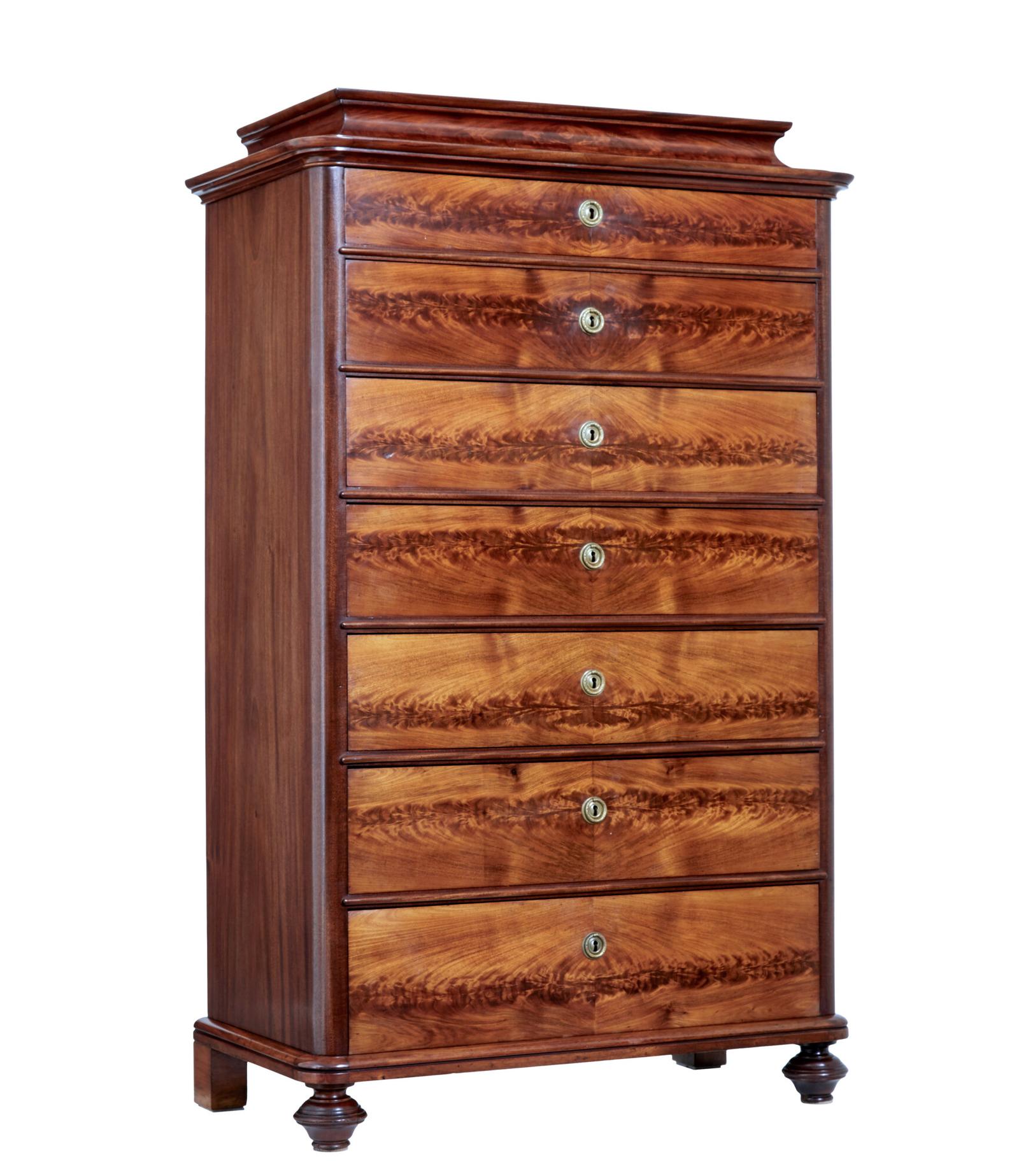 19th Century Flame Mahogany Tall Chest of Drawers (1 of 9) 19th Century Flame Mahogany Tall Chest of Drawers (1 of 9)