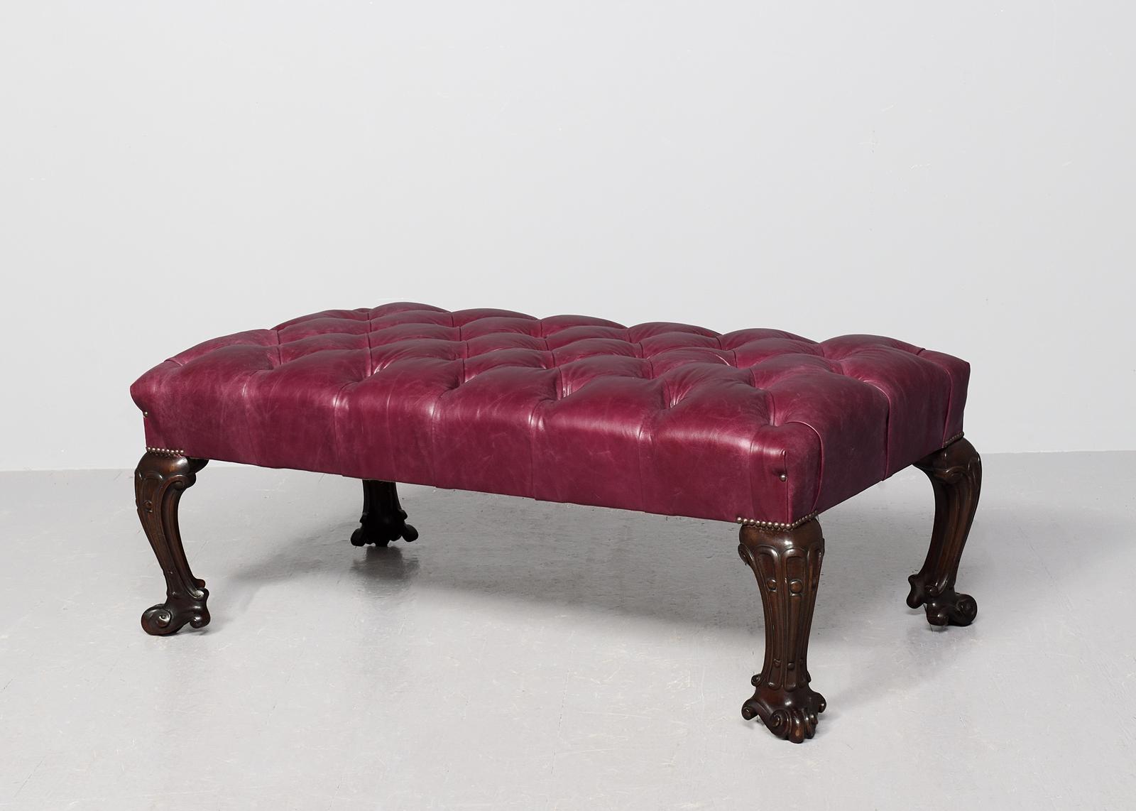 Large, Georgian-style Mahogany-framed, Buttoned Red Hide Upholstered Footstool (1 of 8) Large, Georgian-style Mahogany-framed, Buttoned Red Hide Upholstered Footstool (1 of 8)