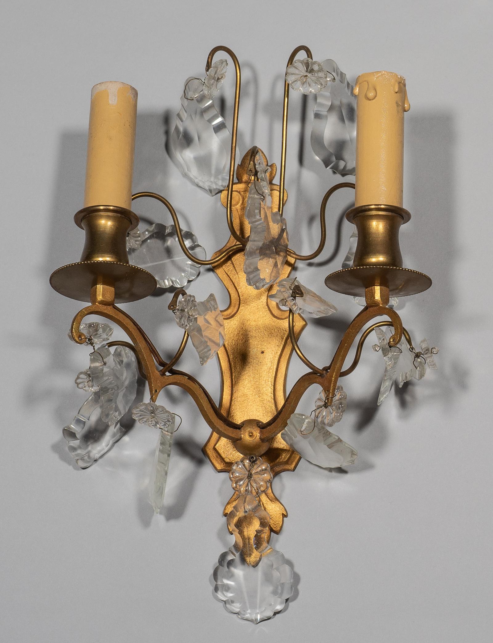 Pair of French Brass & Glass Drop Wall Sconces (1 of 3)