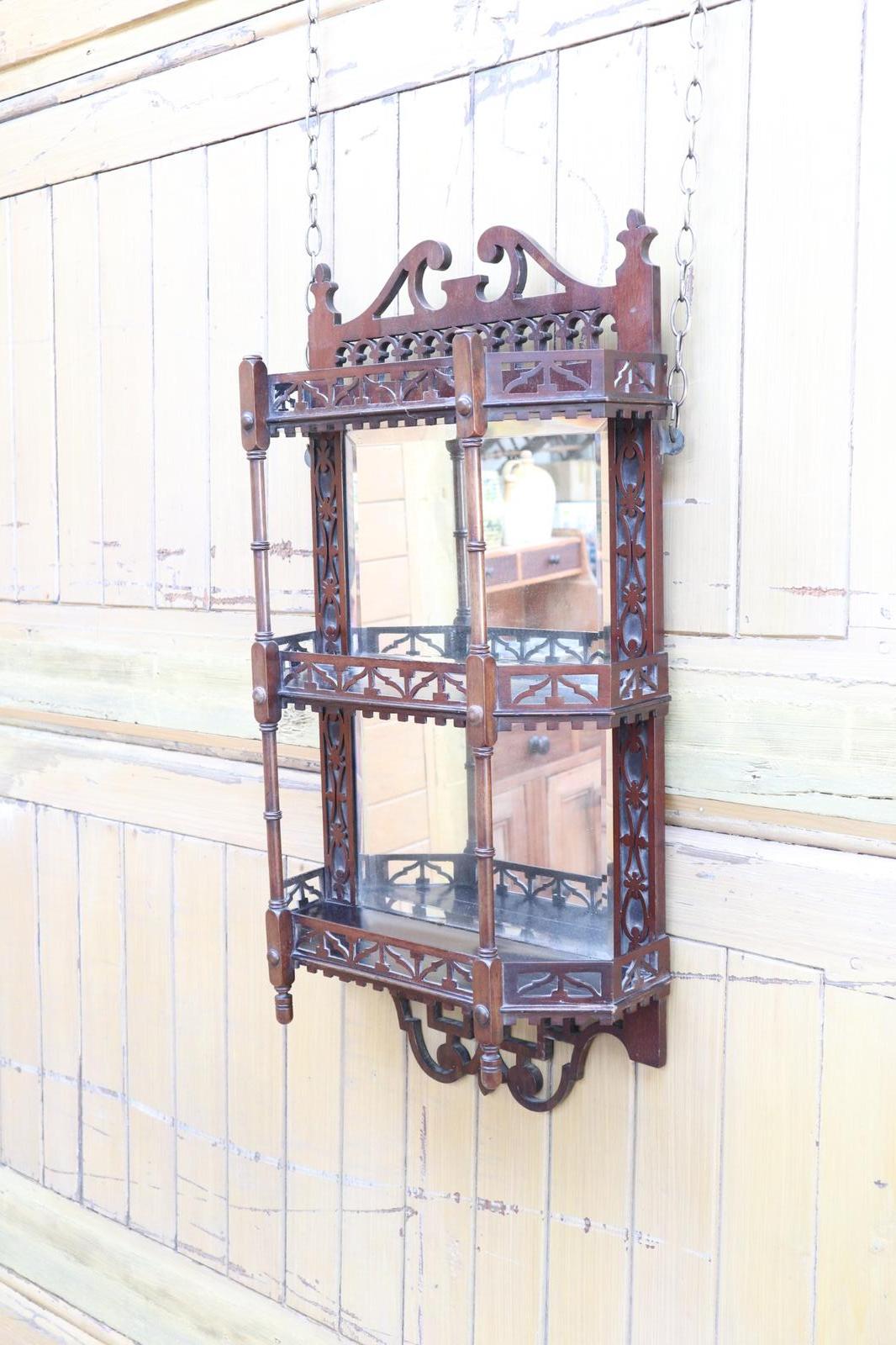 Aesthetic Movement Mahogany Fretwork Gallery Mirror-backed Three Tier Wall Shelves c.1895 (1 of 28)