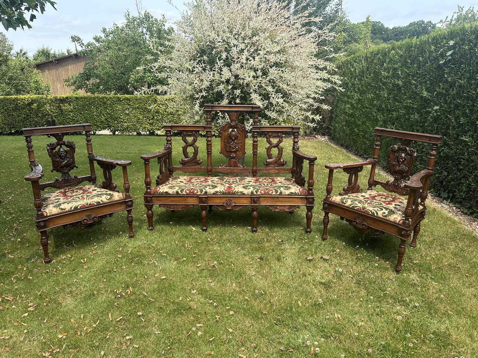 Antique French Sofa & Chairs Set Figural / Fabric / Carved (1 of 21)