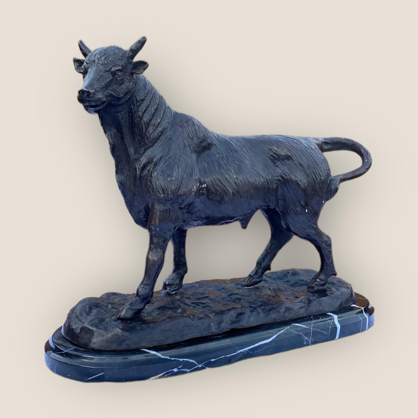 Vintage Farm Animal Bronze Horned Bull Statue with Black Marble Base After Barye (1 of 7)