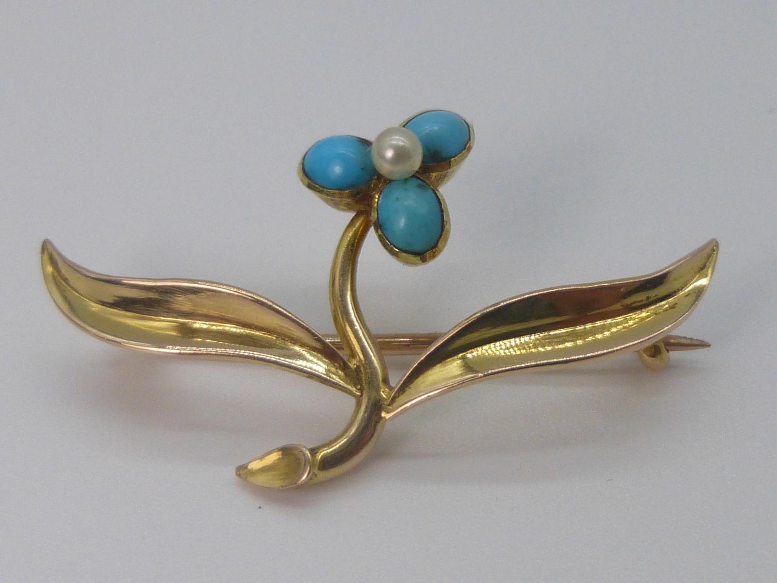 Edwardian 15ct Gold, Turquoise & Pearl Brooch (1 of 7)