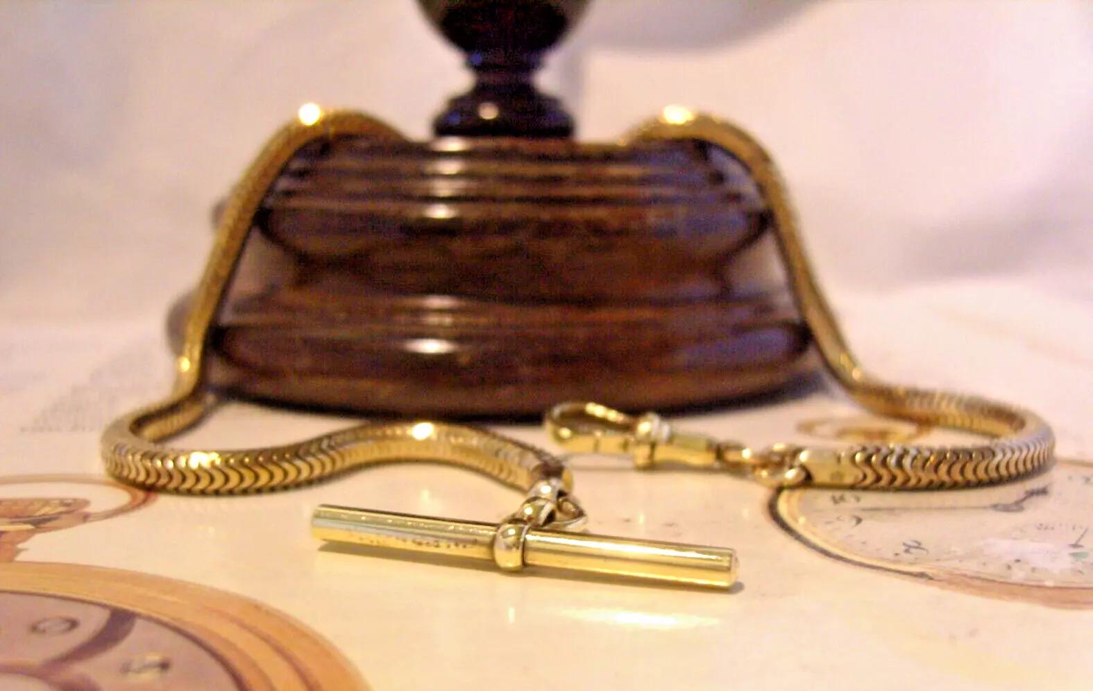 Pocket Watch Chain Victorian Big Brass Fancy Snake Link 1890s Albert With T Bar (1 of 12)