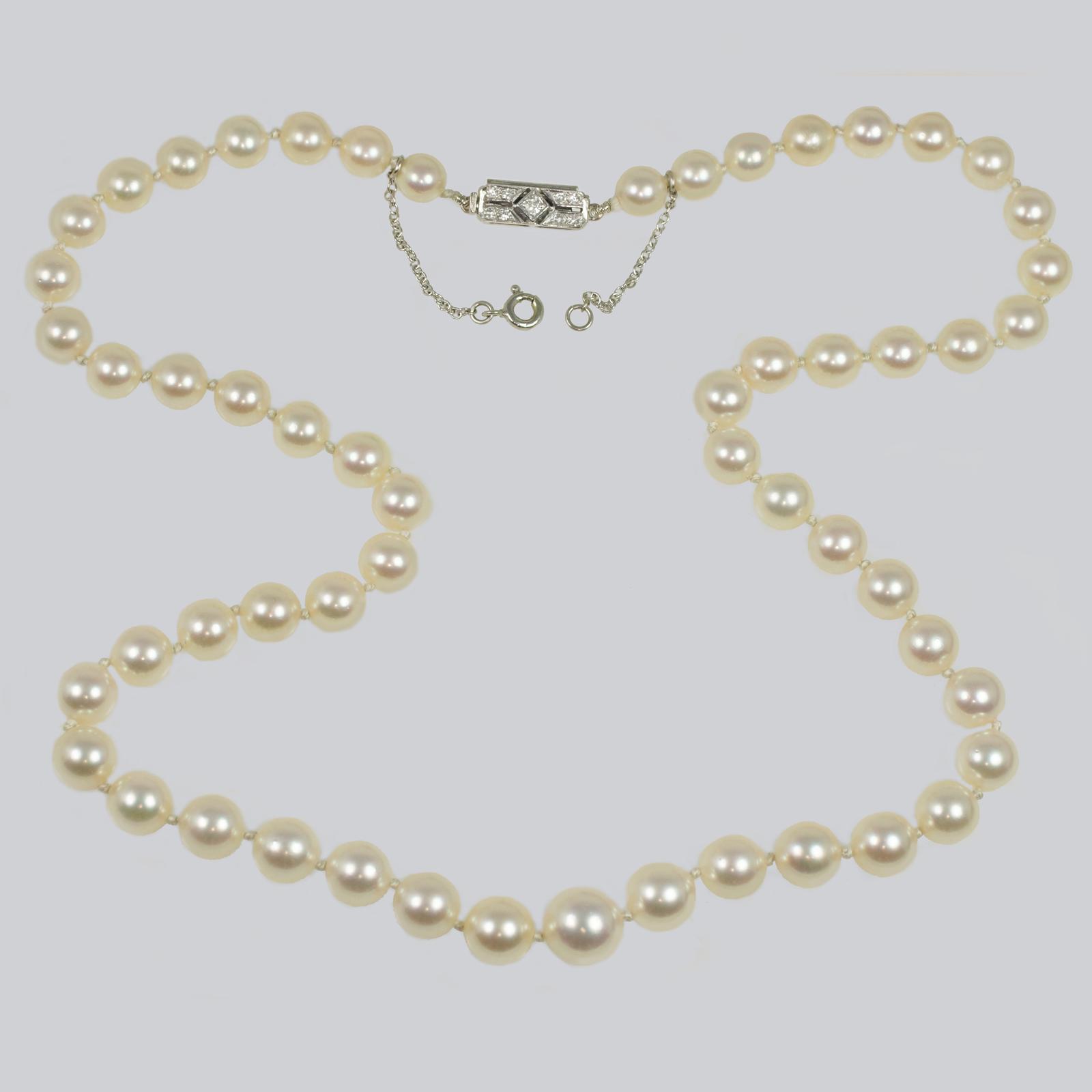 Art Deco Pearl Necklace – 9ct White Gold Diamond Clasp, Single Strand Pearls c.1920 (1 of 8)