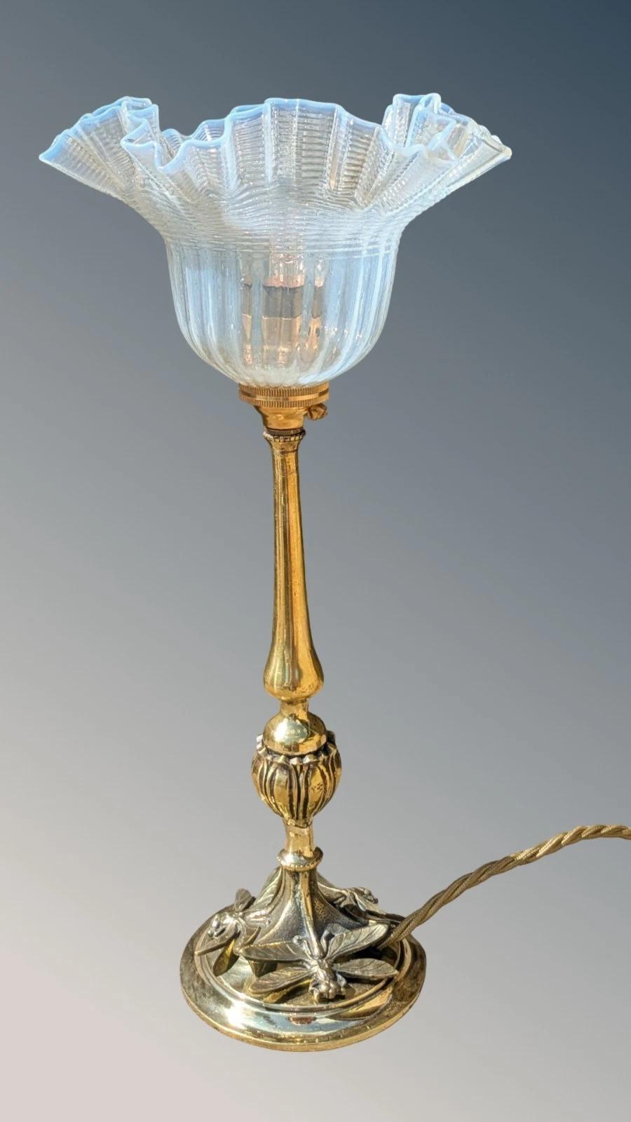 Art Nouveau Solid Brass Lamp Dragonflies & Milk Glass Shade (1 of 7)