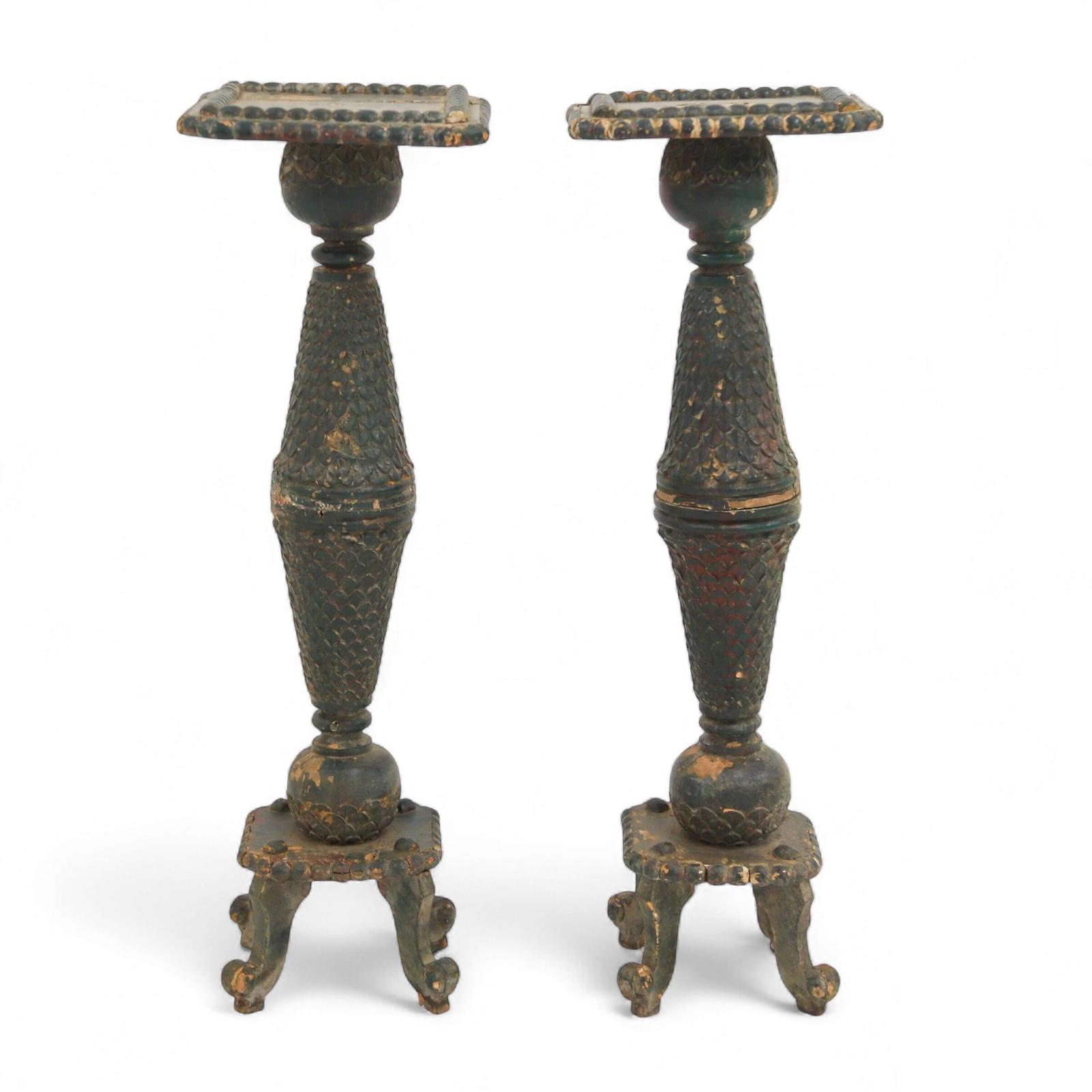 Pair of Decorative Antique Torchières in Original Green Paint (1 of 11)